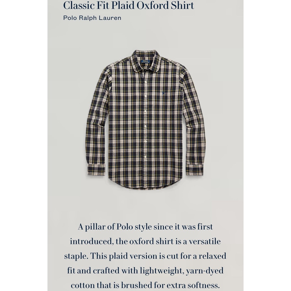 Polo Ralph Lauren Classic Fit Plaid Oxford Shirt Navy Green Yellow Mens M